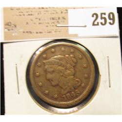 1845 U.S. Large Cent, VF+.