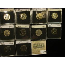 (10) Jefferson Nickels in hard plastic cases dating 1969 D-72 P and includes both BU and Proof speci