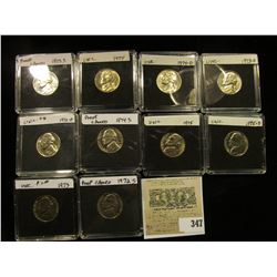 (10) Jefferson Nickels in hard plastic cases dating 1972 D-75 D and includes both BU and Proof speci