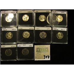 (10) Jefferson Nickels in hard plastic cases dating 1975S-78S and includes both BU and Proof specime