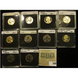 (10) Jefferson Nickels in hard plastic cases dating 1979-83 and includes both BU and Proof specimens