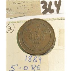 1889 Sweden Copper Five Ore.