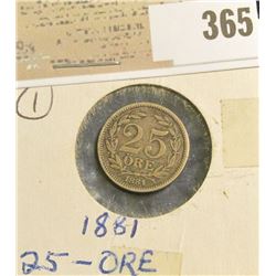 1881 Sweden Silver 25 Ore.