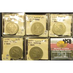 1973 D, 77 J, 78 F, 78 G, & 78 J West Germany Two Mark Coins with stylized Eagle.