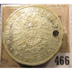1876J Hamburg Germany Silver Five Mark. Holed.