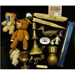 Ivory with Gold-filled head Pen, (no tip) in leather bound case; numerous miniatures and small toys;