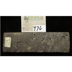 Slate Indian Artifact with numerous holes labeled that it came from the "Payne Col. BA", "Lancaster 