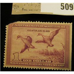 1938 RW # 5 One Dollar Federal Migratory Waterfowl Stamp, left upper corner missing. Catalog was $17