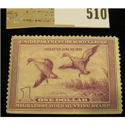 1938 RW # 5 One Dollar Federal Migratory Waterfowl Stamp, Catalog was $170.00, Mint, unisgned.