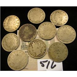 1893, 1901, 02, 03, 04, 06, 07, 09, 10 & 1912 P Liberty "V" Nickels. (10 pcs.)
