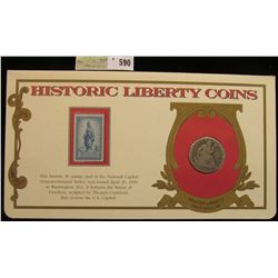 1853 Arrows and Rays U.S. Seated Liberty Half Dollar. Mounted in a "History Liberty Coins" special h