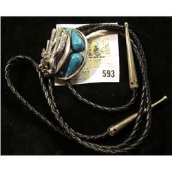 Western Style Bolo Tie with Simulated Turquoise and Cactus type design.