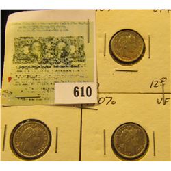 1907 P, D, & O Barber Dimes. F-VF+.