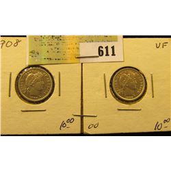 1908 P & D Barber Dimes, VF.