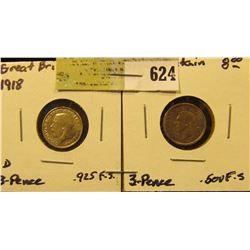 1918 & 42 Great Britain Silver Three Pence Coins.