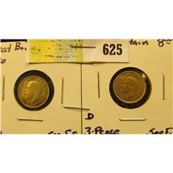 1920 & 42 Great Britain Silver Three Pence Coins.