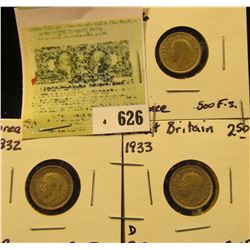 1932, 33, & 36 Great Britain Silver Three Pence Coins.