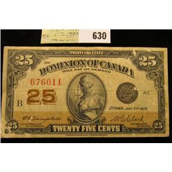 July 2nd, 1923  Dominion of Canada  25c Fractional Banknote.