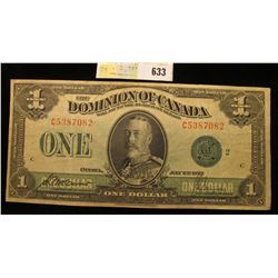 Series  1923 "The Dominion of Canada" One Dollar "Horse Blanket" Banknote, Nice AU.