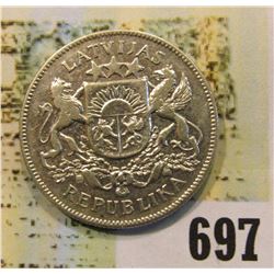 1925 Latvia 2 Lati, .835 fine Silver.