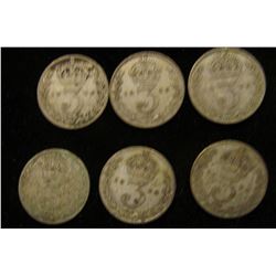 (6) 1926 Silver Great Britain Three Pence Coins.