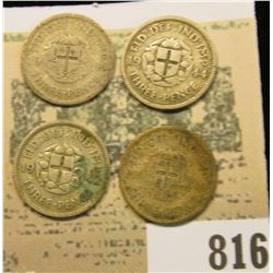 World War II Silver Great Britain Three Pence Coins Set. (1941, 42, 43, & 44.