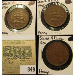 1954, 55, & 56 South Africa Large Pennies. VF-EF.