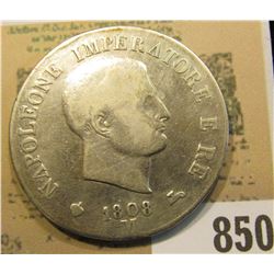 1808 M Italy Silver Five Lire depicting the Emperor Napoleone.