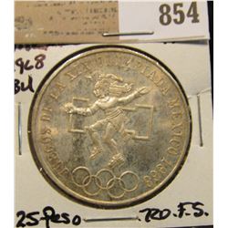 1968 Mexico Silver 25 Peso Olympic Commemorative, .720 fine Silver. lightly toned BU.