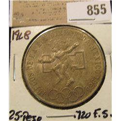 1968 Mexico Silver 25 Peso Olympic Commemorative, .720 fine Silver. lightly toned BU.