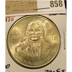 1978 Mexico Silver 100 Peso Commemorative Coin, 20 grams Pure Silver, BU.