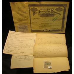 May 13, 1938 "Security Fire Insurance Company" Stock Certificate for 6 shares of Capital Stock; Feb.