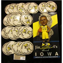 "Jim Zabel's Iowa" VHS tape; large group of 1973 Homecoming Pin-backs; & "Dale Jones The University 