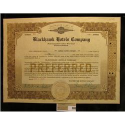 Number 83 "Blackhawk Hotels Co."Preferred Stock Certificate for 2 shares, notary seal central bottom