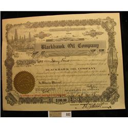 10/09/22 Two Shares of "Blackhawk Oil Company", Davenport, Iowa. Vignette of Oil derrick upper left.
