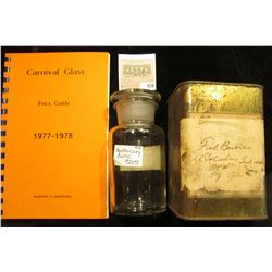 5 1/4" x 2 1/2" Clear Glass Apothecary Jar labeled "OL. CAJUPUTI" (no contents); antique Medicine Ti