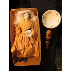 Hand lathed Wooden Egg & Pedestal, nicely painted; "Tea Rose USA" small bowl; & a 15" Porcelain Geis