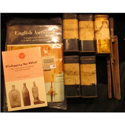 (5) Pharmaceutical Tins 5 1/2" x 2" x 2", all with some contents; metal Tripod; hardbound desk top b