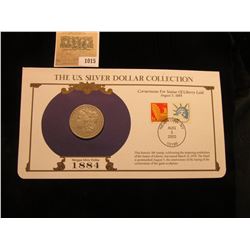 1015 _ 1884 P Philadelphia Mint Morgan Silver Dollar in a special protected cover with post marked c
