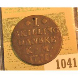 1041 _ "BB Carry" hand engraved Love token with small hole on a Denmark One Skilling dated K.M. 1771