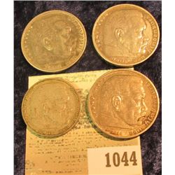 1044 _ (4) Nazi Germany Silver Coins, one Two Mark & (3) Five Mark. A couple have Swastikas.