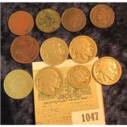 1047 _ (4) Indian Head Cents; 1868 U.S. Three Cent Nickel (holed), 1908 Liberty Nickel, & (5) Buffal