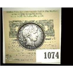 1074 _ 1892 P Barber Quarter, Original toned AU.
