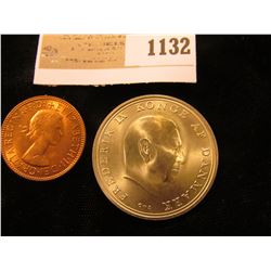 1132 _ 1968 Silver 10 Kroner Commemorative from Denmark depicting King & Queen, Gem BU; & 1967 Great