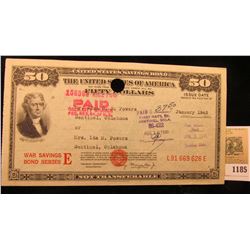 1185 _ January 1945 $50 United States Savings Bond Series E, cancelled at Sentinel, Okla. Serial Num