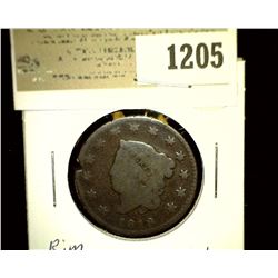 1205 _ 1819 U.S. Large Cent, G, Rim nick, and scratches.