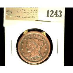1243 _ 1851 U.S. Large Cent, Fine, Cleaned.