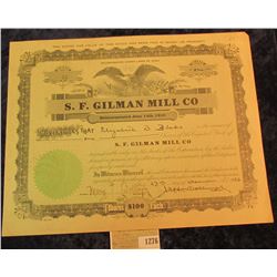 1276 _ No. 43 One Share  S.F. Gilman Mill Co.  Stock Certificate dated 27th December 1923., central 