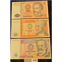 1298 _ 10, 50, & 100 Intis Bank notes from the Central Bank of Peru. all Crisp Uncirculated.
