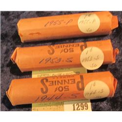 1299 _ 1944 S, 53 S, & 55 P Solid Date Rolls of Lincoln Cents. Circulated. (3 rolls).